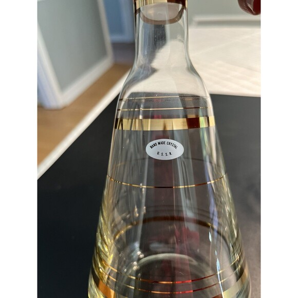 NOS Vtg Hand Made Crystal USSR 7pc Decanter Cordial Glasses 24k Gold Accent IOB - Picture 2 of 12